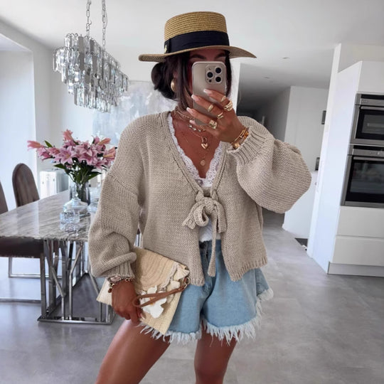 Damen lässige Strickjacke mit Bindeverschluss und weiten Ärmeln Fudus