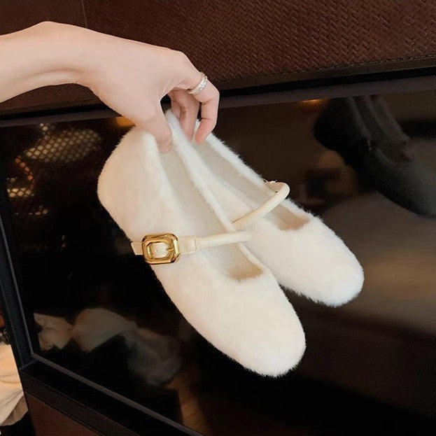 Damen Fellimitat Ballerinas Weich Mit Schnallendetail