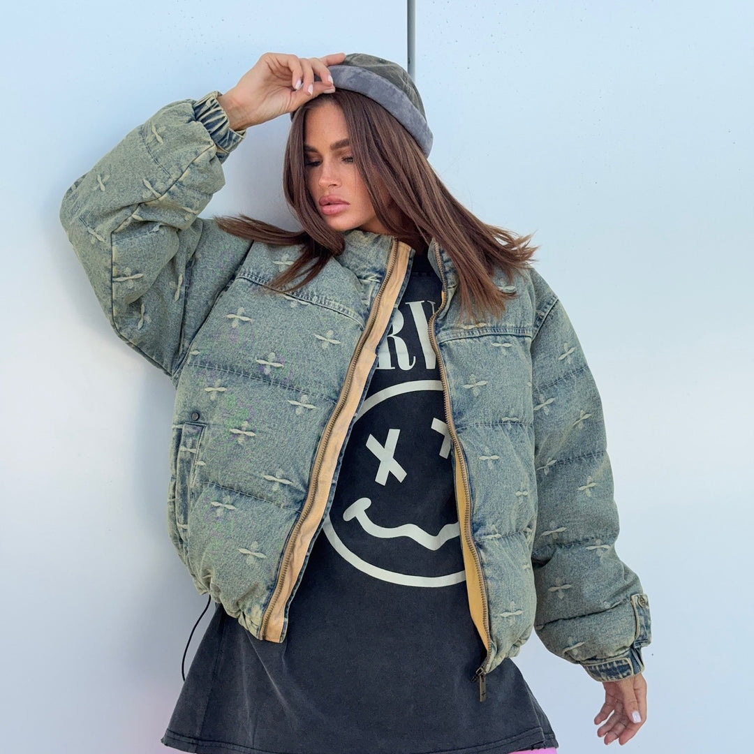 Damen lässige Steppjacke im Vintage-Stil mit hohem Kragen Fudus