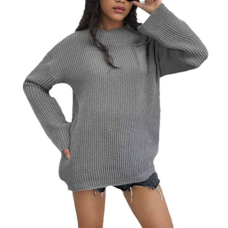 Damen Grobstrickpullover mit weitem Schnitt und praktischem Taschen Fudus