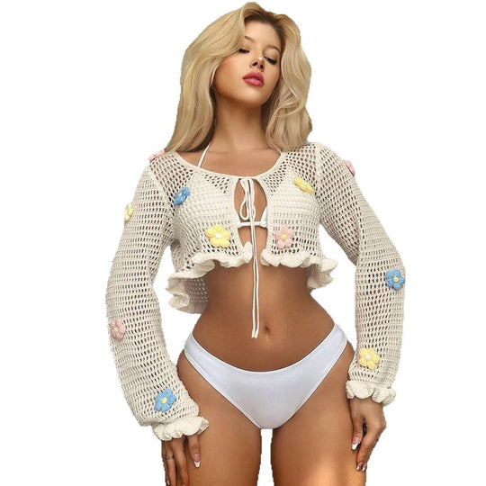 Damen Häkelbluse mit verspielten Blumenapplikationen und Bänder Fudus