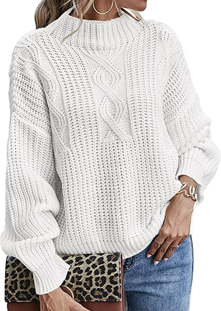Damen Grobstrickpullover mit hohem Kragen und dekorativem Zopfmuster Fudus