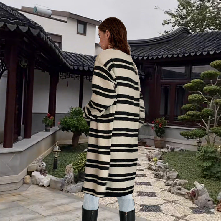 Damen Langer Strickcardigan mit gestreiftem Design und offenen Fronten Fudus