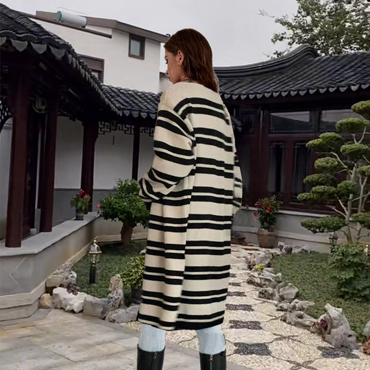 Damen Langer Strickcardigan mit gestreiftem Design und offenen Fronten Fudus