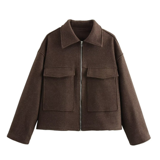 Damen lässige Jacke mit aufgesetzten Taschen und Reißverschluss Fudus