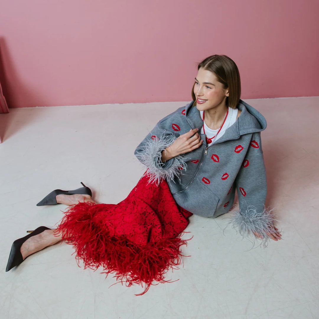 Damen Hoodie mit Federn und Lippenmotiv Fudus