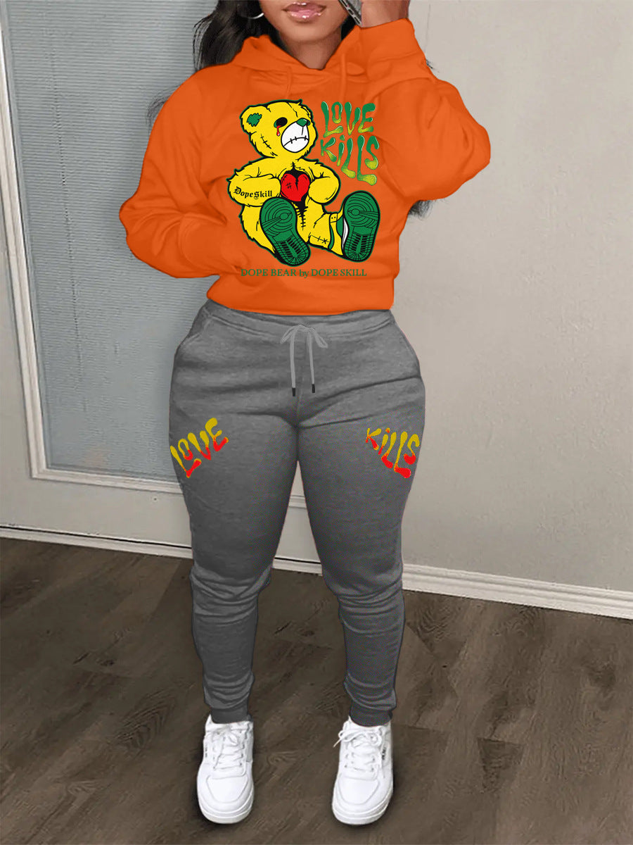 Damen Hoodie und Jogginghose Set mit kreativem Bärenmotiv und auffälligem Schriftzug Fudus