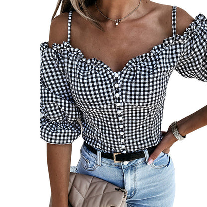 Fudus | Damen Off Shoulder Bluse Mit Rüschendetails Und Karomuster