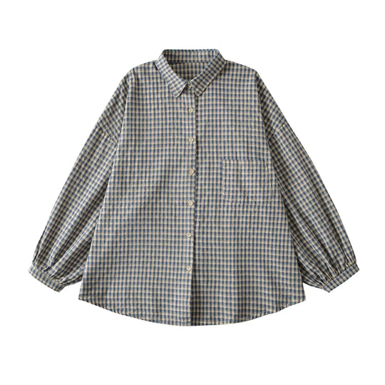 Damen Lässige Karobluse mit überschnittenen Schultern und großen Knöpfen Fudus