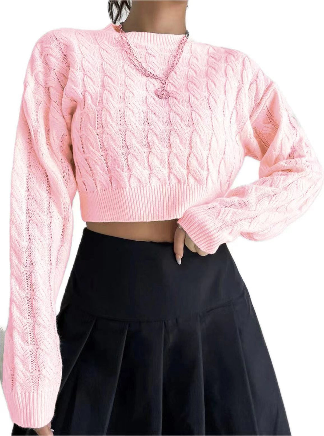 Damen modischer cropped Strickpullover mit Zopfmuster Fudus