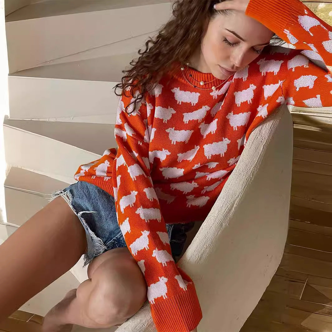 Damen Kuscheliger Strickpullover mit Schafmuster Fudus