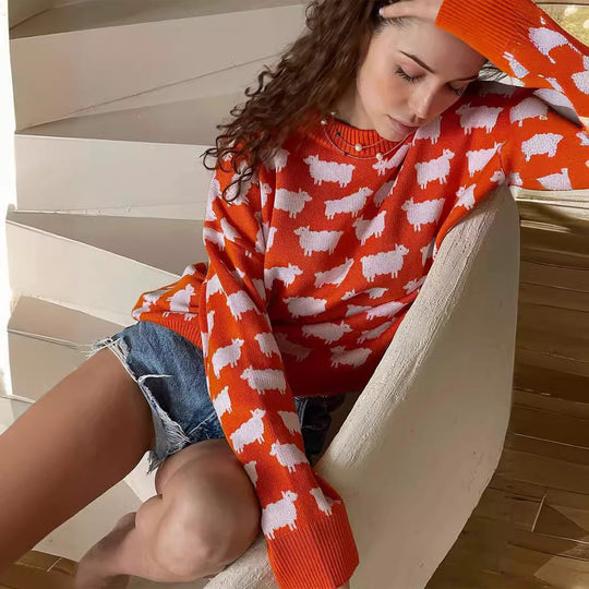 Damen Kuscheliger Strickpullover mit Schafmuster Fudus