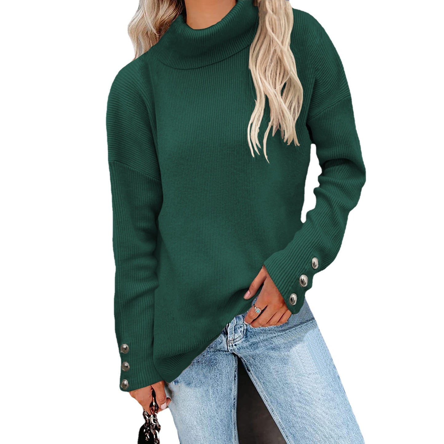 Damen Rollkragenpullover mit gestreiftem Design und dekorativen Knöpfen Fudus