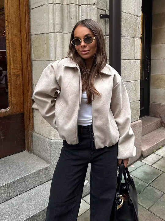 Damen lässige Blousonjacke mit elastischem Bund und praktischen Taschen Fudus