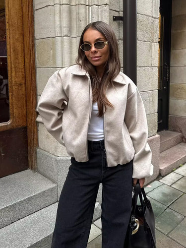 Damen lässige Blousonjacke mit elastischem Bund und praktischen Taschen Fudus