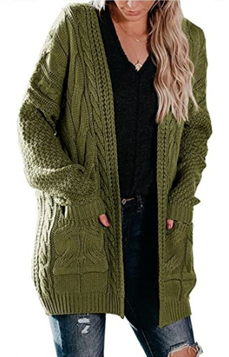 Damen Grobstrick Cardigan mit modernem Zopfmuster und großen Taschen Fudus