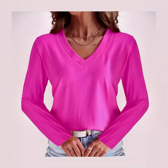 Damen Langärmliges V-Ausschnitt Oberteil mit Rippstruktur Fudus