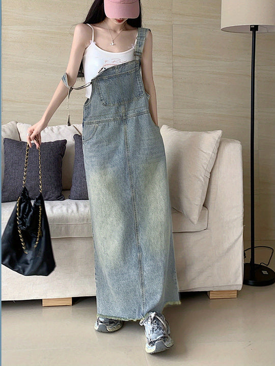 Damen Langer Denim-Overall mit Verstellbaren Trägern & Tiefen Taschen