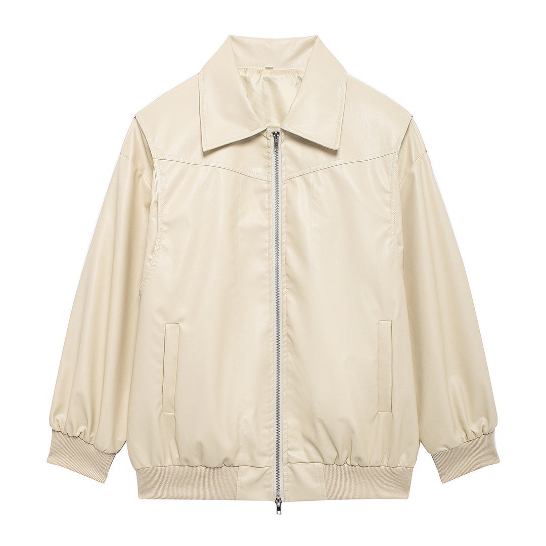 Damen Kunstlederjacke mit elastischen Bündchen und hochschließendem Kragen Fudus