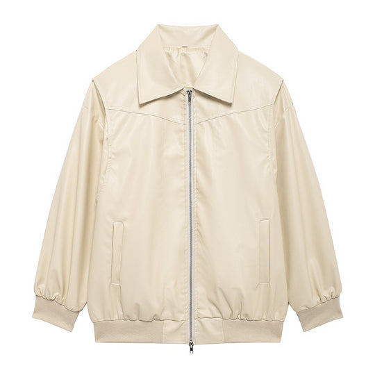 Damen Kunstlederjacke mit elastischen Bündchen und hochschließendem Kragen Fudus