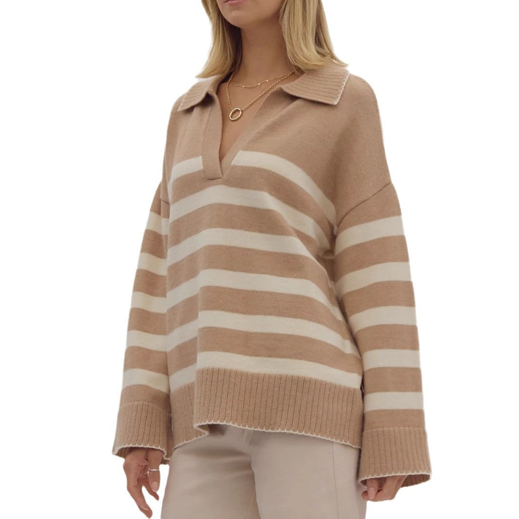 Damen kuschelige Strickpullover mit modernem Streifenmuster und V-Ausschnitt Fudus