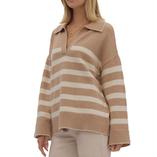 Damen kuschelige Strickpullover mit modernem Streifenmuster und V-Ausschnitt Fudus