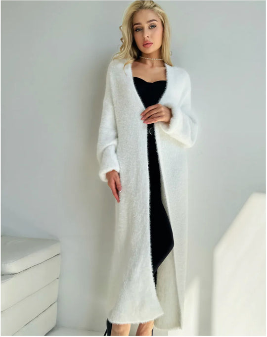 Damen Langer Flauschiger Cardigan mit offenem Schnitt und überschnittenen Ärmeln Fudus