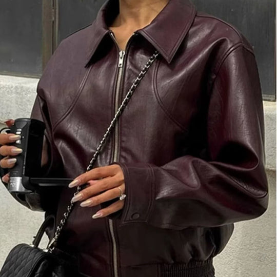 Damen Kunstlederjacke mit elastischem Bund und praktischen Taschen Fudus