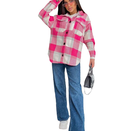 Damen Karierte overshirt mit weichem Fleece und Druckknopfverschluss Fudus