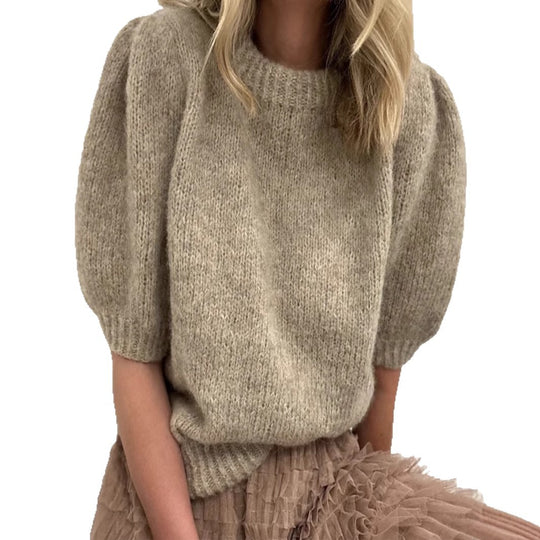 Damen kurzärmeliger Strickpullover mit Ballonärmeln und Rundhalsausschnitt Fudus