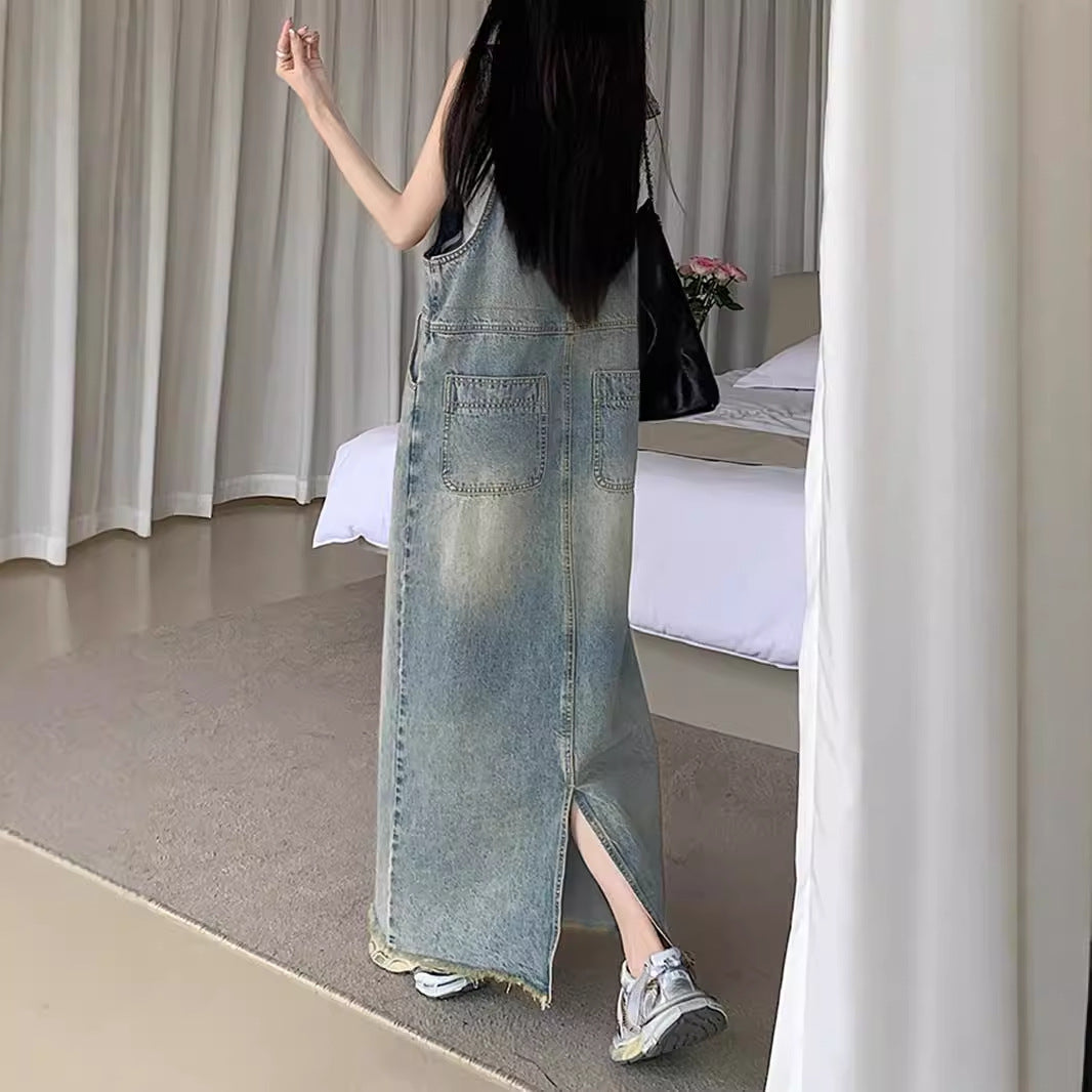 Damen Langer Denim-Overall mit Verstellbaren Trägern & Tiefen Taschen