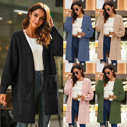 Damen langärmeliger Cardigan mit offenen Fronten und tiefen Taschen Fudus