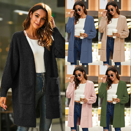 Damen langärmeliger Cardigan mit offenen Fronten und tiefen Taschen Fudus