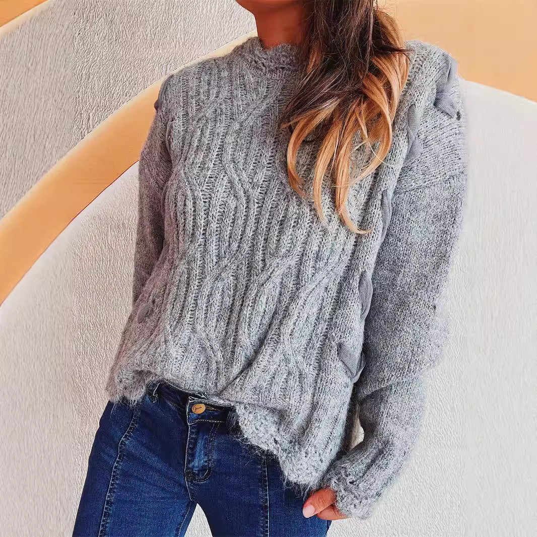 Damen Grobstrickpullover mit romantischem Wellenmuster und volumetrischen Ärmeln Fudus