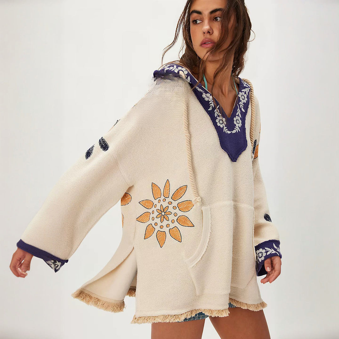 Damen Kapuzenponcho mit bunten Stickereien und fransigen Abschlüssen Fudus
