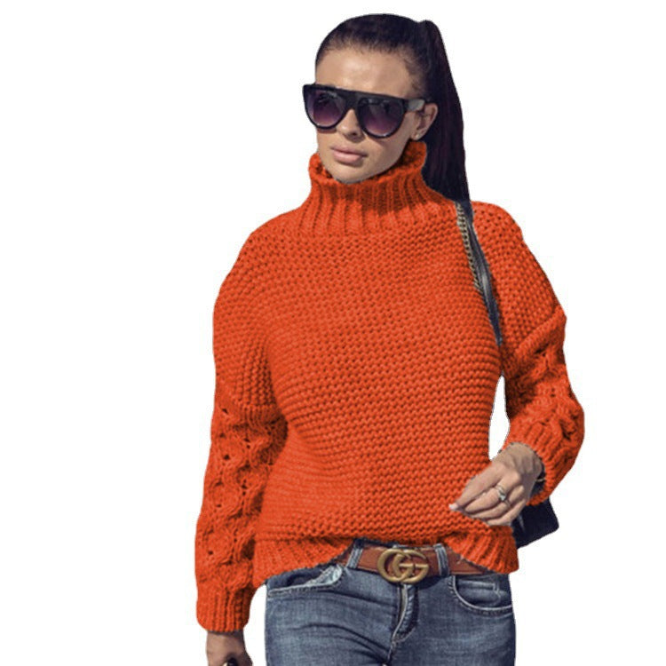 Damen Grobstrick Pullover mit hochgeschlossenem Kragen und detaillierten Ärmeln Fudus