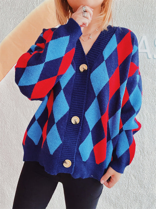 Damen lässige Strickjacke im Rauten-Muster mit goldenen Knöpfen Fudus
