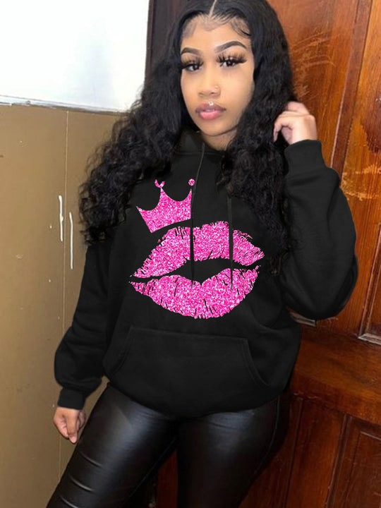 Damen Kapuzensweatshirt mit auffälligem Lippenmotiv und Krone Fudus