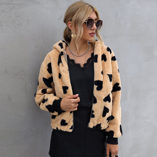 Damen Kuschelige Fleecejacke mit Herzmuster Fudus