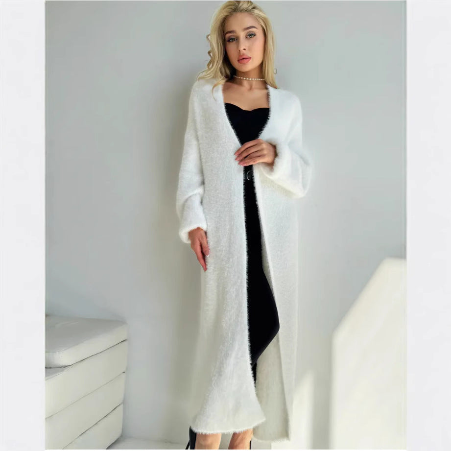 Damen Langer Flauschiger Cardigan mit offenem Schnitt und überschnittenen Ärmeln Fudus