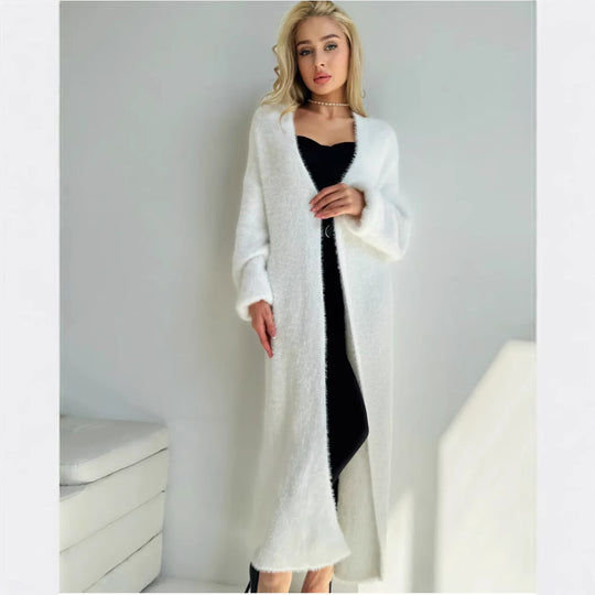 Damen Langer Flauschiger Cardigan mit offenem Schnitt und überschnittenen Ärmeln Fudus