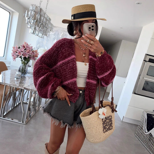 Damen Grobstrickjacke mit lässigem Schnitt und modischem Streifenmuster Fudus