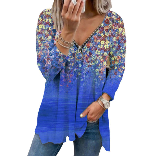 Damen Langarmbluse mit floralem Design und Reißverschluss Fudus