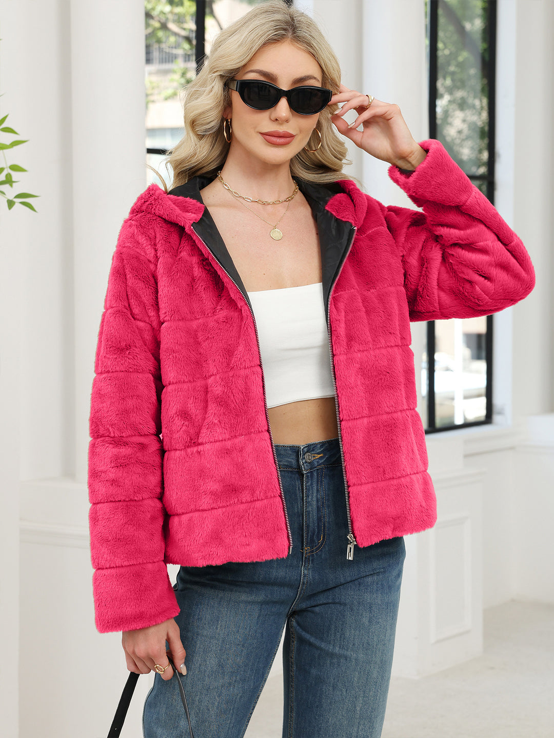 Damen Kuschelige Oversized-Fleecejacke mit Reißverschluss und Kapuze Fudus