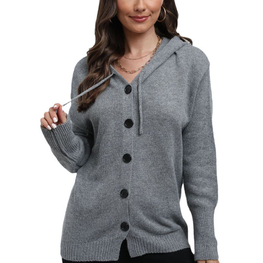 Damen Kapuzenstrickjacke mit Knopfverschluss und breitem Rippmuster Fudus