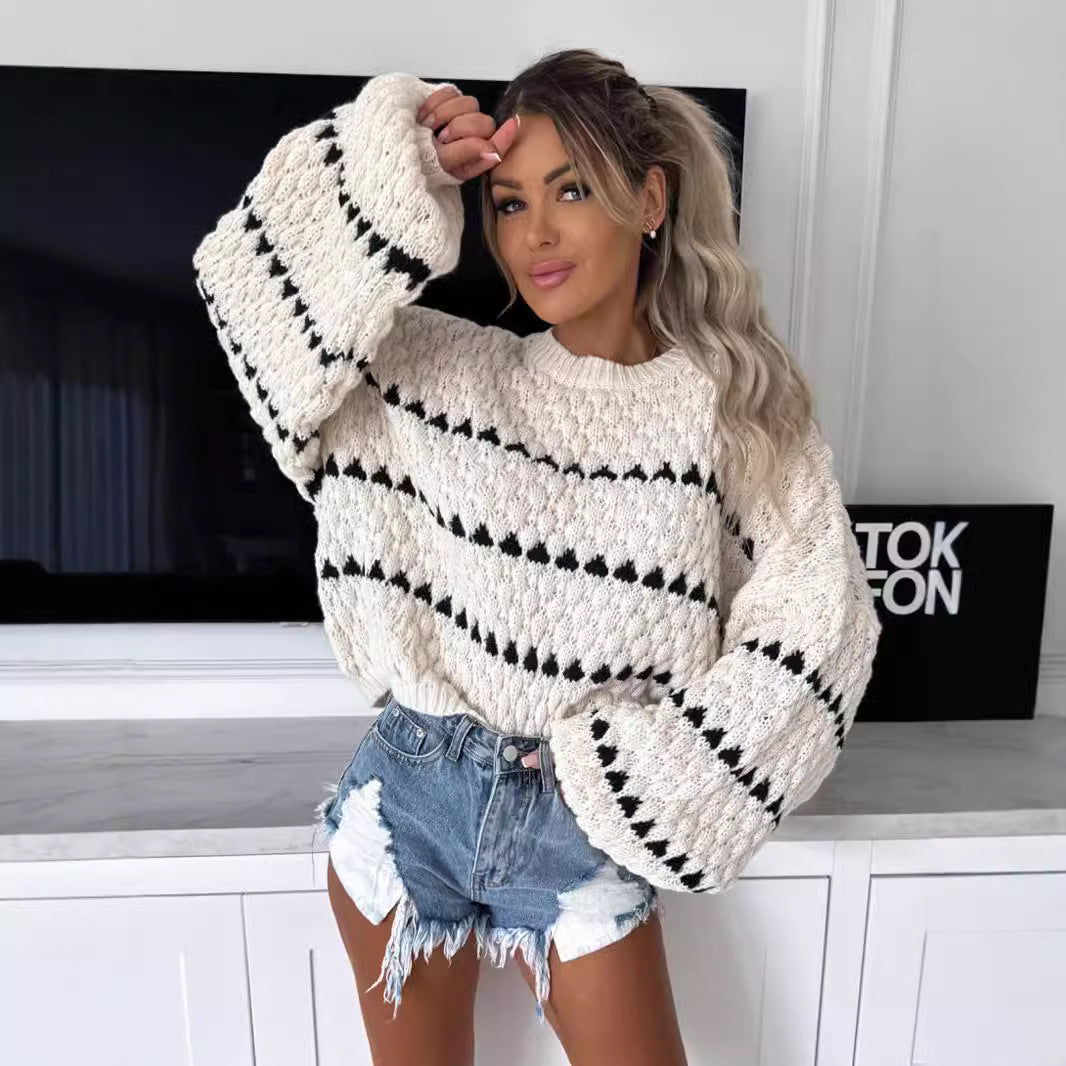 Damen Grobstrickpullover mit voluminösen Ärmeln und modernem Zopfdesign Fudus