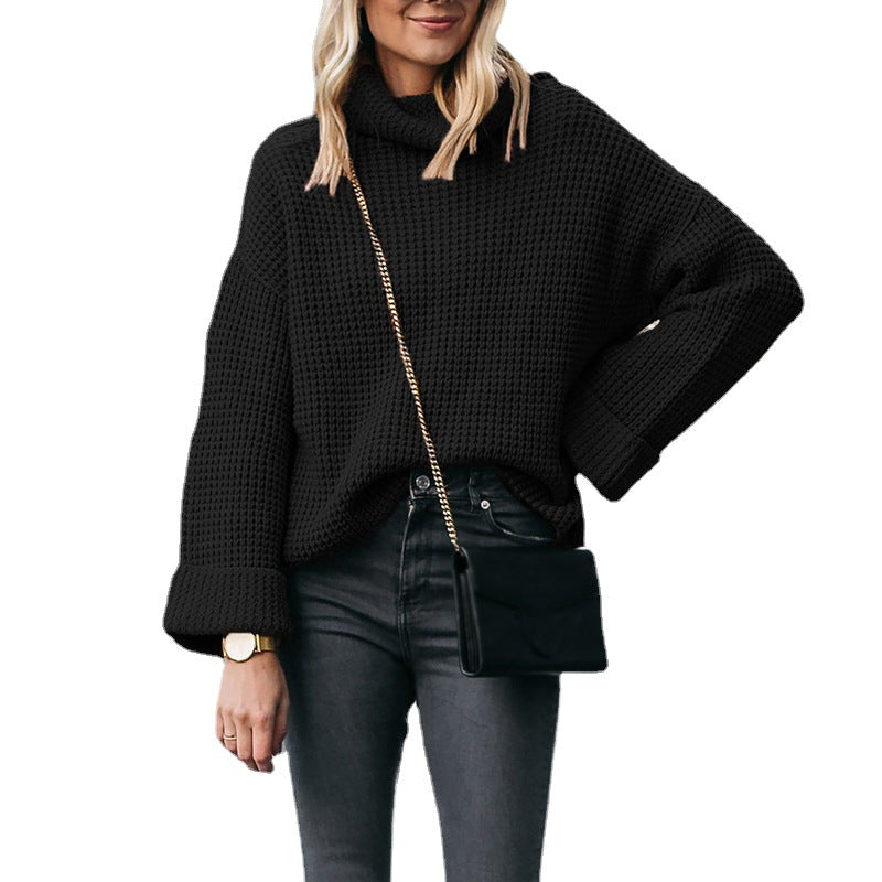 Damen Grobstrick Pullover mit hohem Kragen und weitem Schnitt Fudus