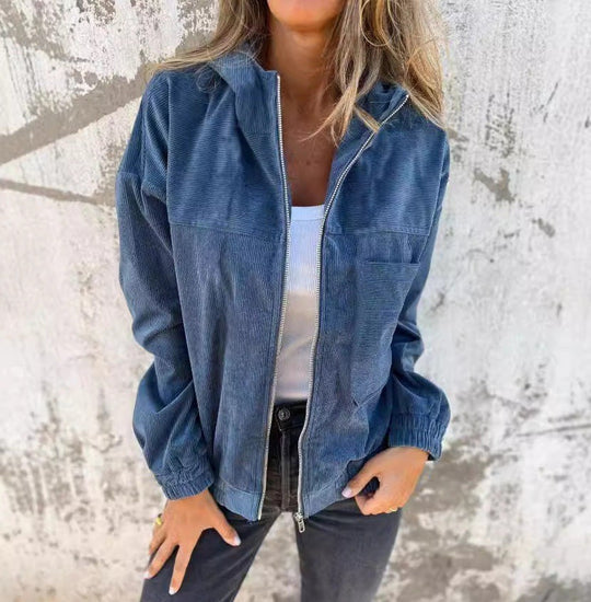 Damen lässige Cordjacke mit praktischen Taschen und elegantem Reißverschluss Fudus