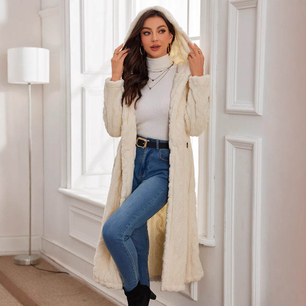 Damen Langer Plüsch-Mantel mit Kapuze Fudus