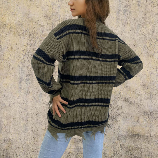 Damen Grobstrickpullover mit lässigem Streifenmuster Fudus